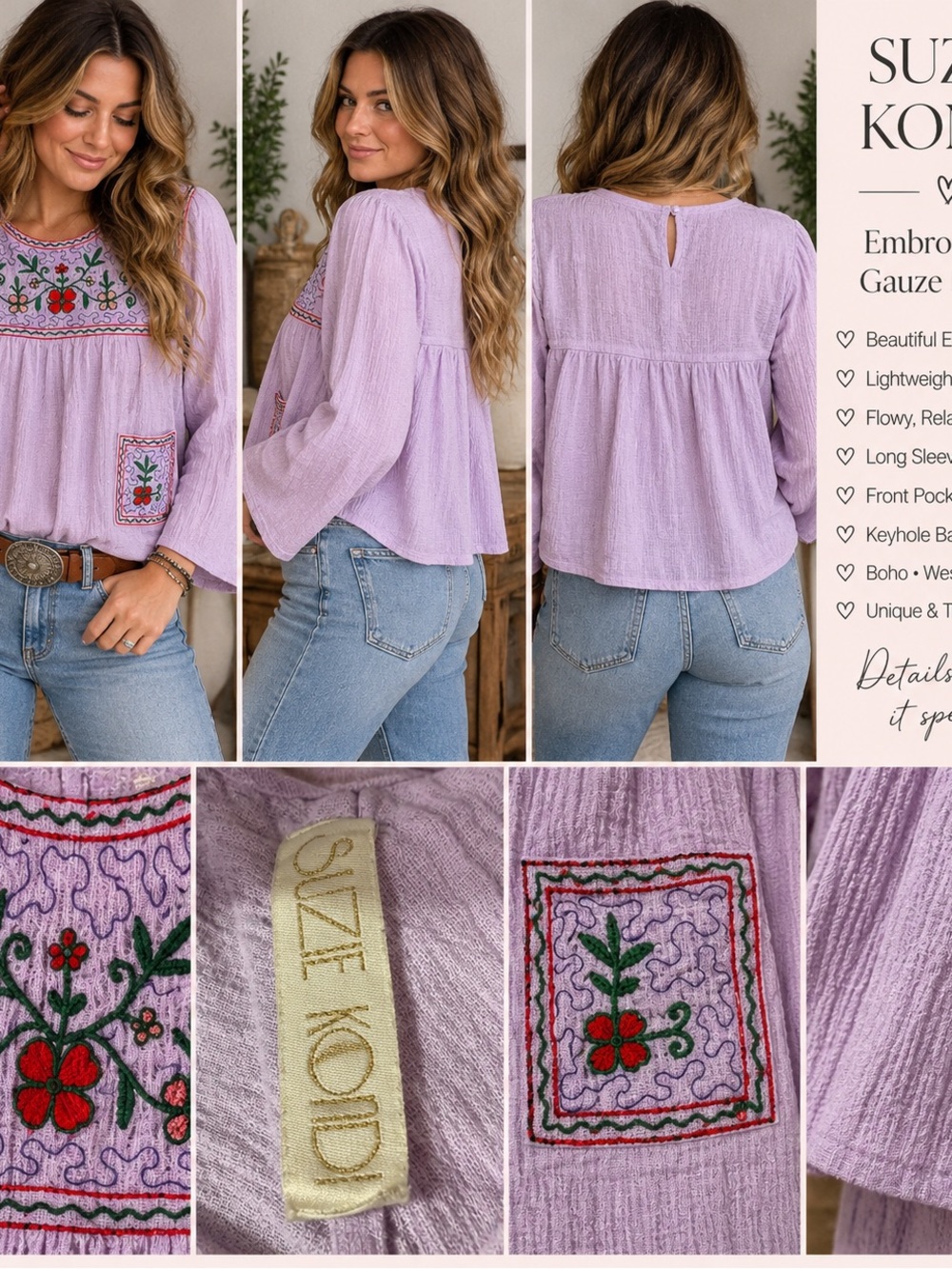Suzie Kondi Lilac Embroidered Gauze Peasant Blouse Boho Western Sz Small